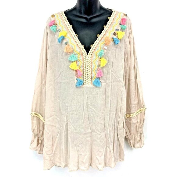 Soft Surroundings Women Top XL Extra Large Ivory Boho Tassel Embroidered V-Neck - Picture 1 of 6